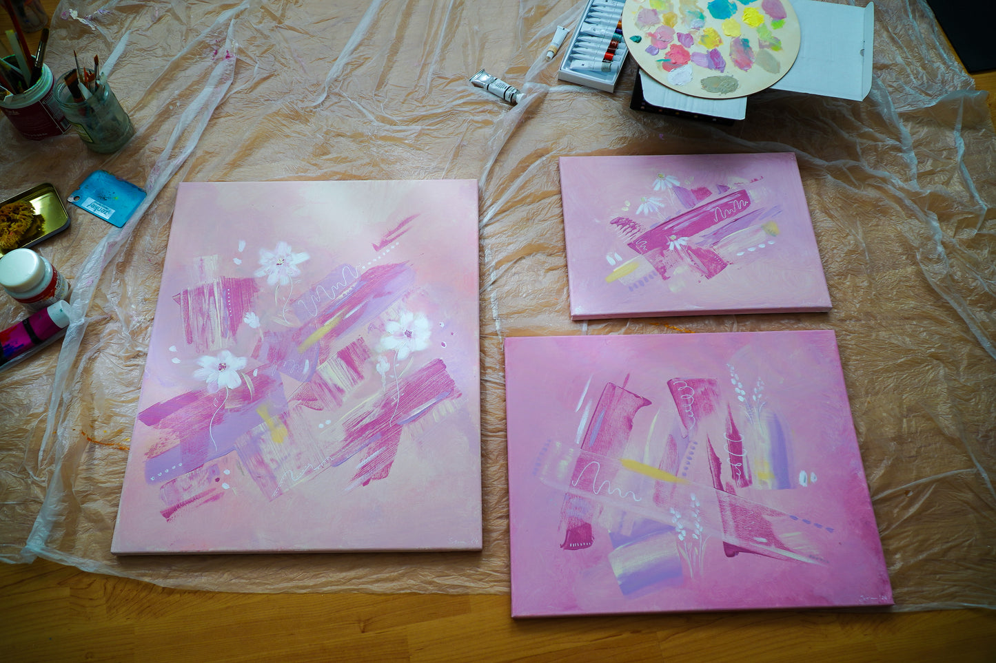 "Meadows of Blush" Set of 3 Original Acrylic Paintings
