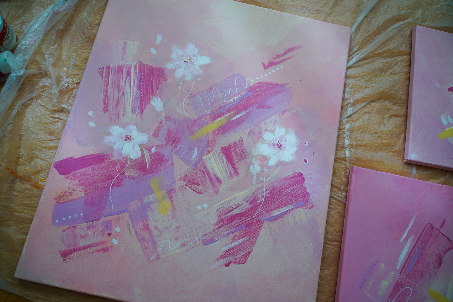 "Meadows of Blush" Set of 3 Original Acrylic Paintings