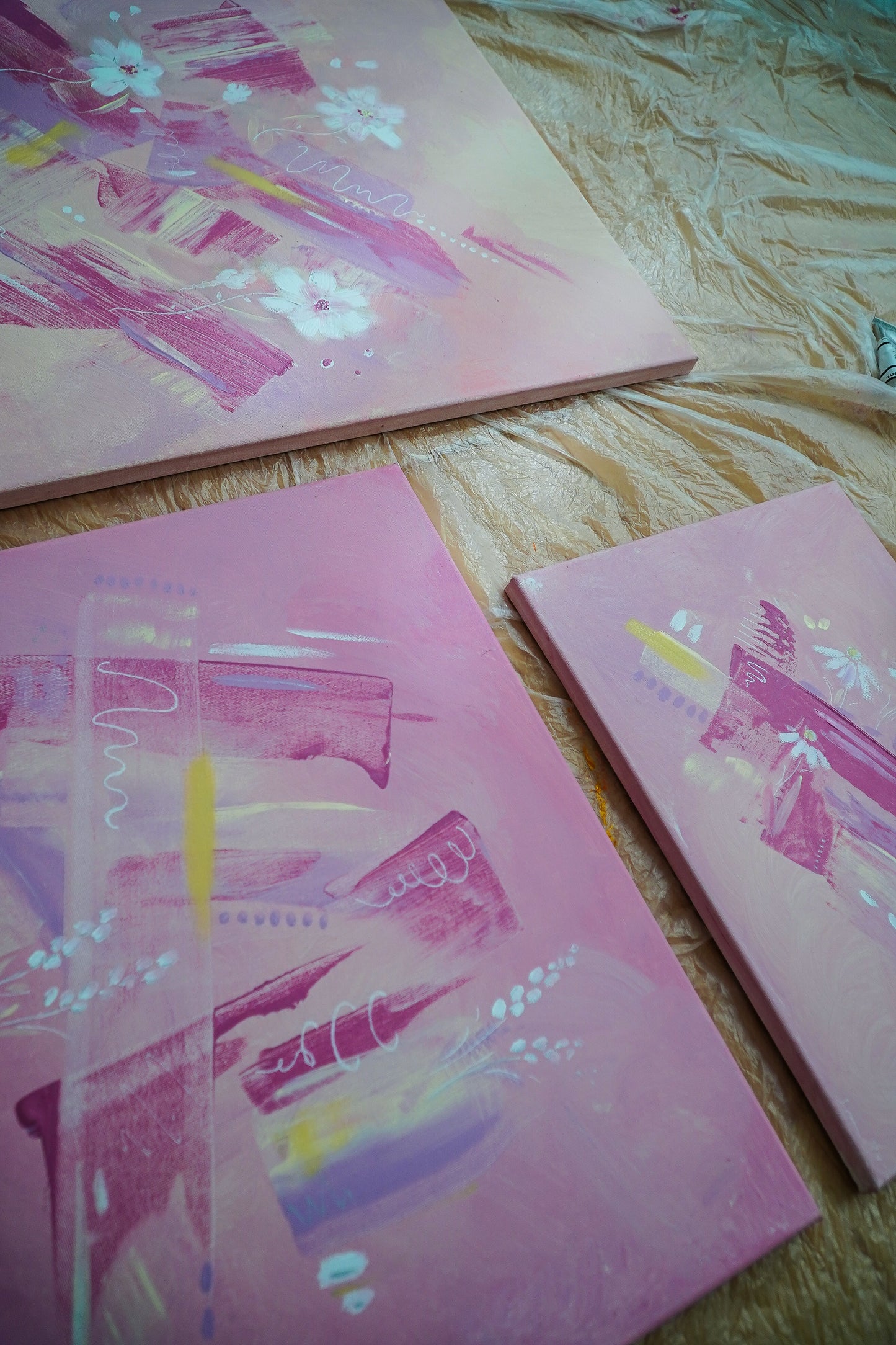 "Meadows of Blush" Set of 3 Original Acrylic Paintings