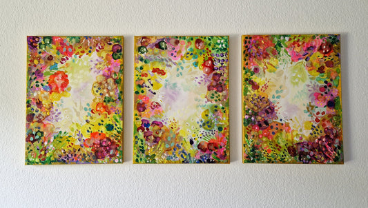 "Rustle and Bloom" Set of 3 Original Mixed Media Paintings 30cm x 40cm